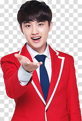 EXO KFC CHINA, smiling man in red notched lapel blazer with white hem with right palm raise transparent background PNG clipart