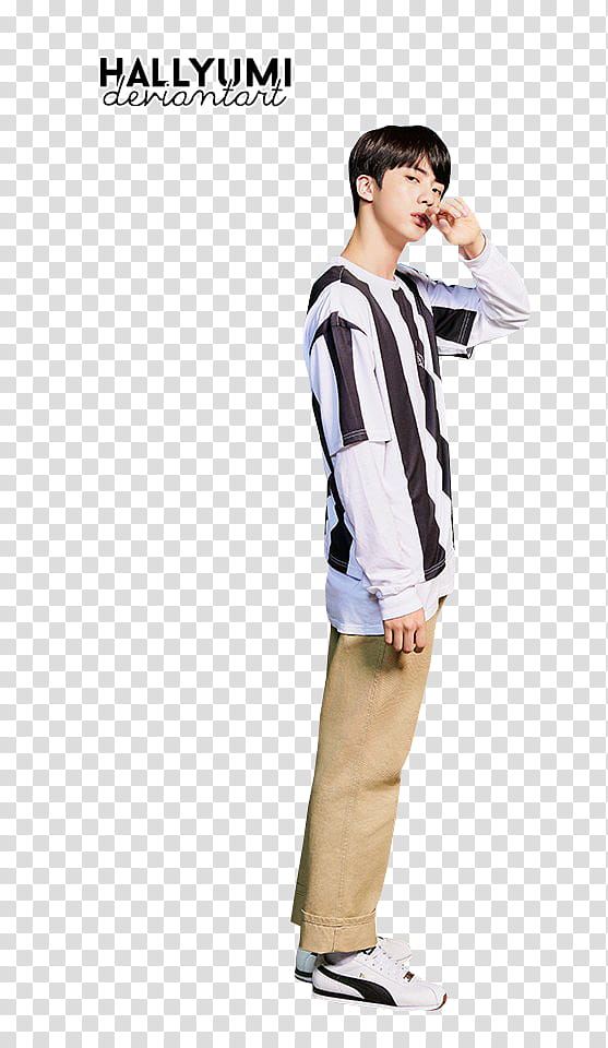 BTS PUMA, standing man wearing white and black shirt transparent background PNG clipart