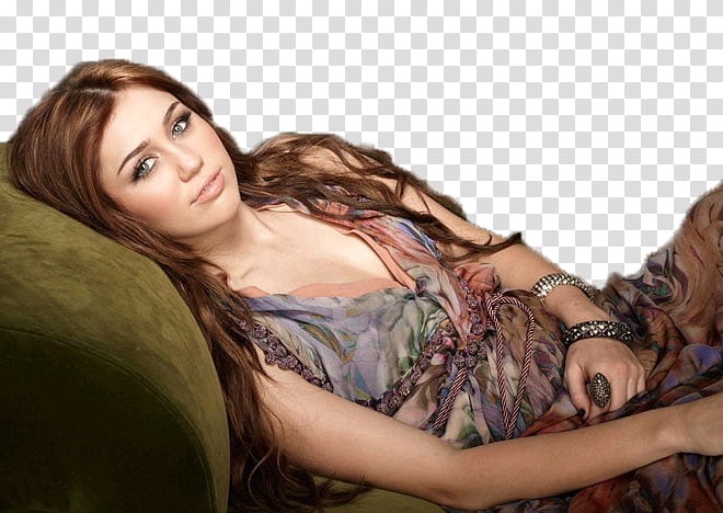 de Miley Cyrus, woman lying on green velvet couch transparent background PNG clipart