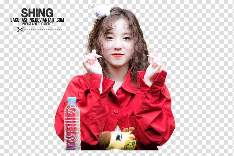 Yuqi G I DLE, woman in red jacket in front of plastic bottle transparent background PNG clipart