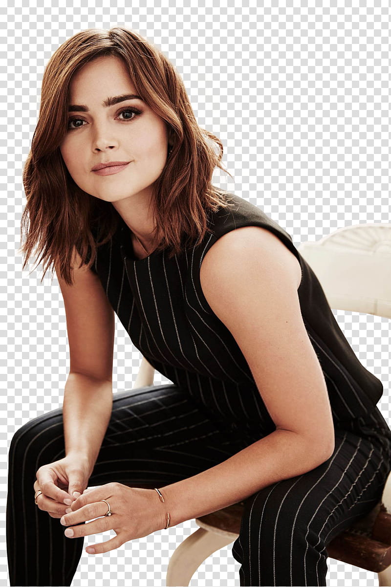 Jenna Coleman, woman sitting on brown and white chair transparent background PNG clipart