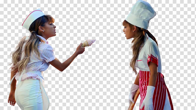 Ariana Grande, women holding pastry bake pointing to another girl wearing white chef hat transparent background PNG clipart