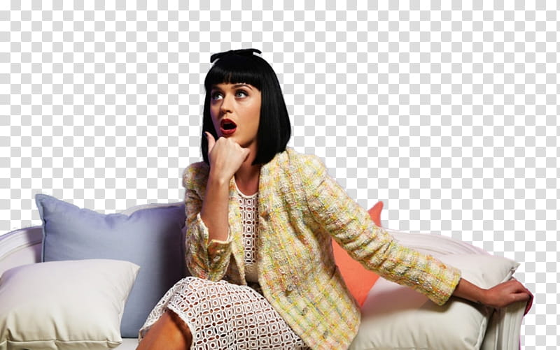 Katy Perry , woman sitting on sofa transparent background PNG clipart