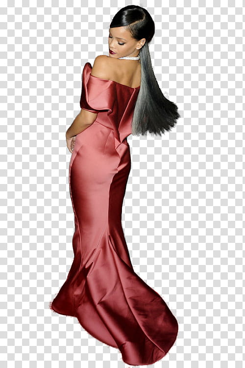 Rihanna, Rihanna wearing red satin dress flipping body sideways transparent background PNG clipart