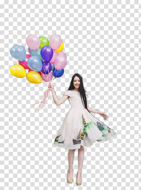 Watchers Special, women's white, green, and black cap-sleeved dress holding assorted-color balloon lot transparent background PNG clipart