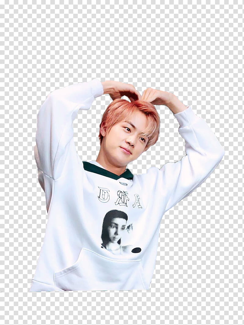 Jin BTS, man wearing white and black pullover hoodie two hand on his head transparent background PNG clipart