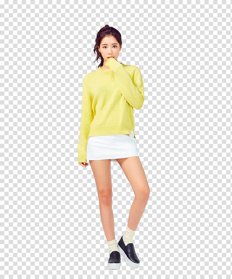 KIM JEON YEON, woman wearing yellow long-sleeved shirt and white miniskirt transparent background PNG clipart