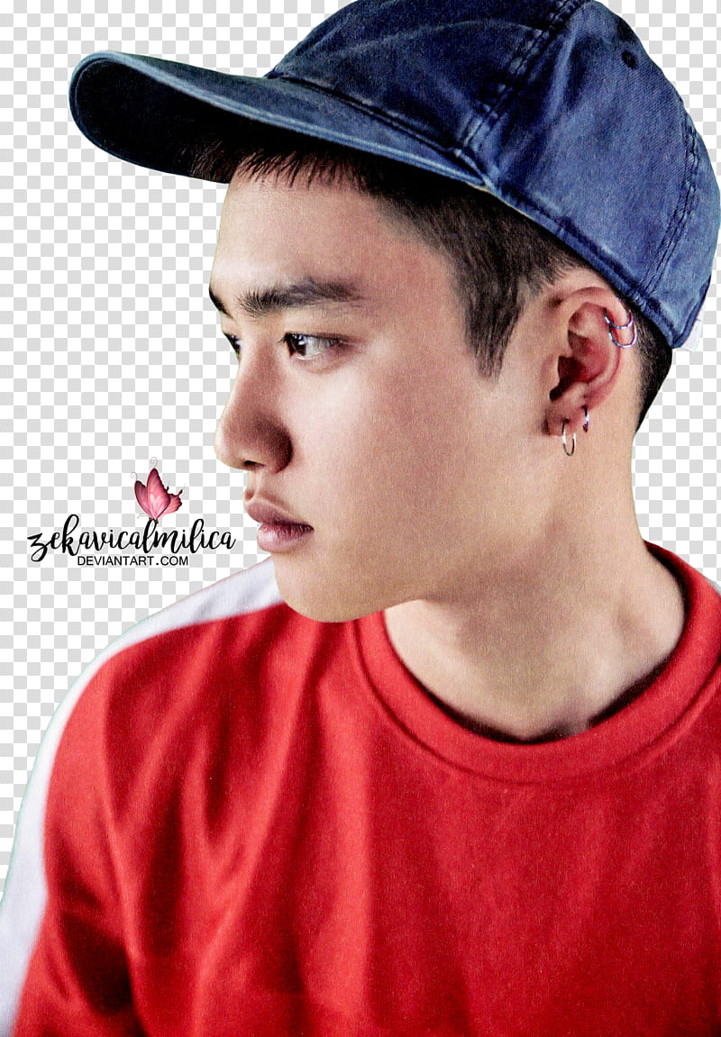 EXO D O Lucky One, man wearing red crew-neck shirt and blue cap transparent background PNG clipart