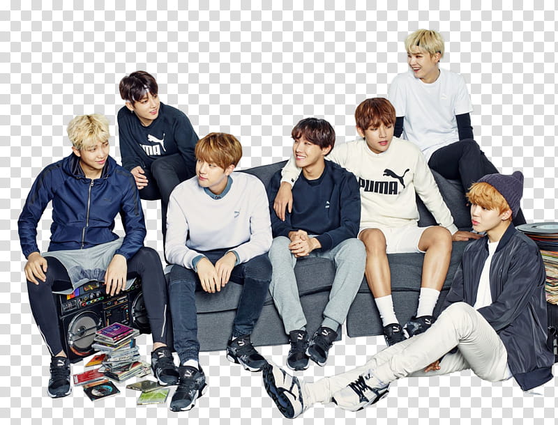 BTS , Korean boy band members sitting on sofa transparent background PNG clipart