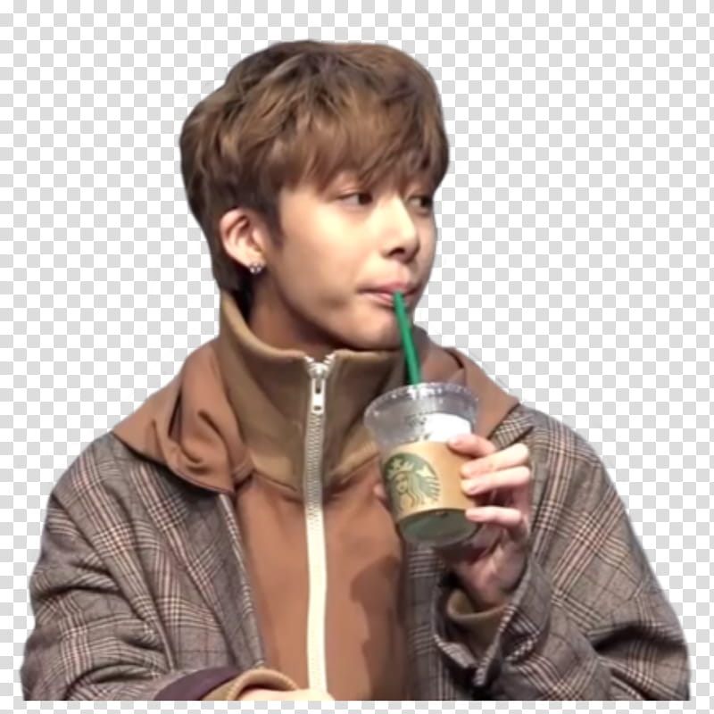 KPOP MEME EPISODE  MONSTA X, man sipping on Starbucks coffee tumbler transparent background PNG clipart