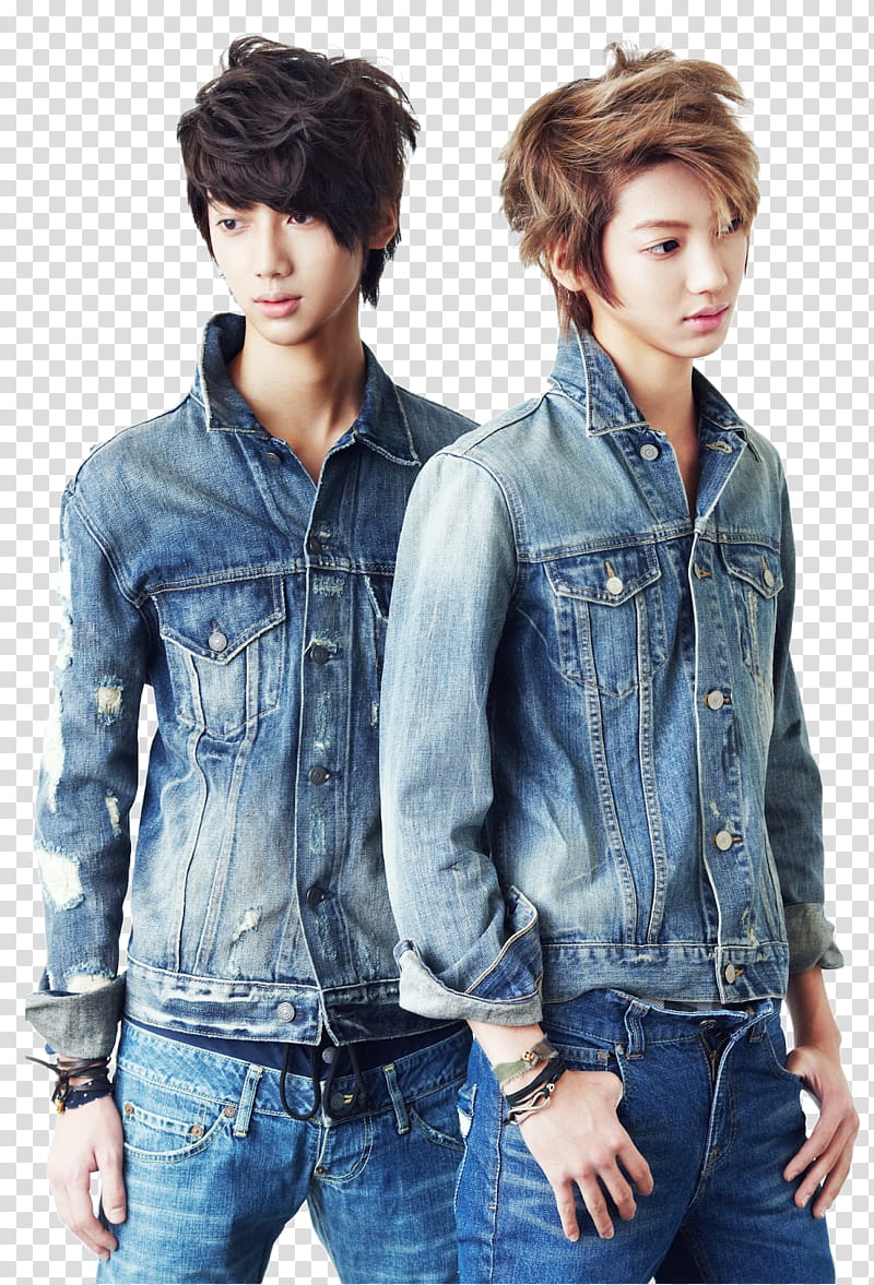 two men wearing blue denim jacket and jeans transparent background PNG clipart