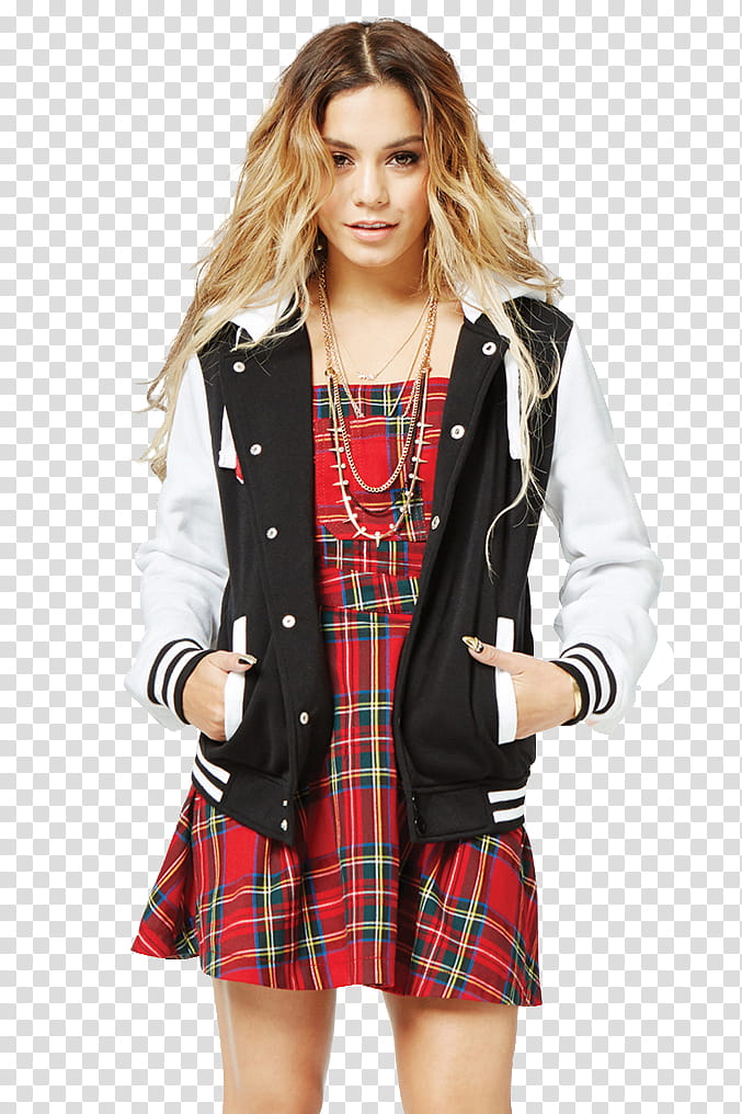 Vanessa Hudgens, woman wearing black and white button-up jacket and red plaid dress transparent background PNG clipart