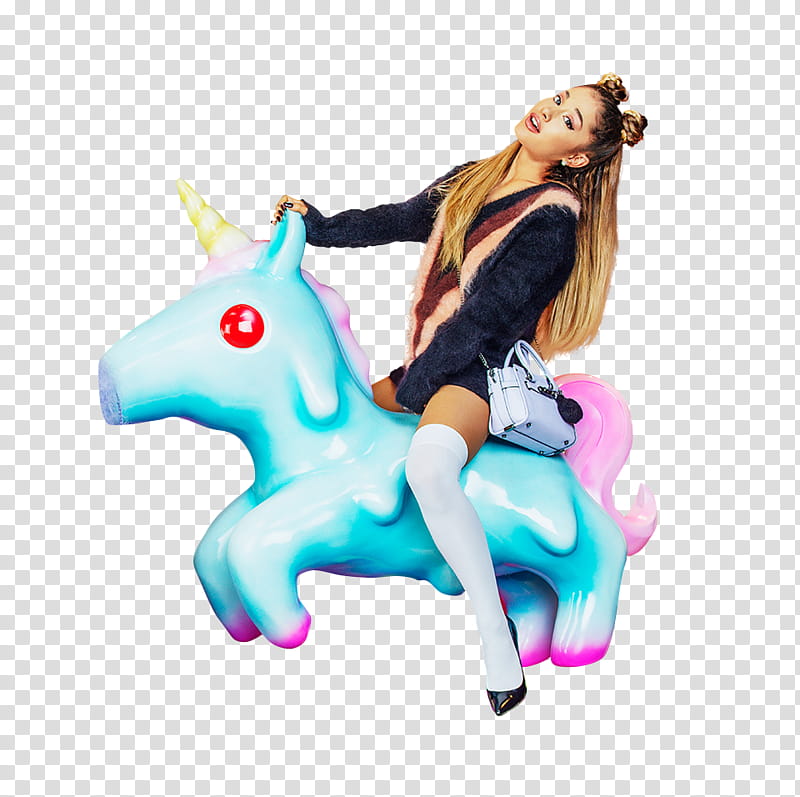 Ariana Grande, woman riding unicorn toy transparent background PNG clipart