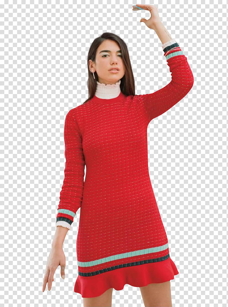 Dua Lipa, standing woman wearing red long-sleeved mini dress doing figure transparent background PNG clipart