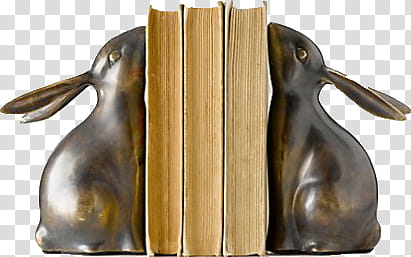 RESOURCE  Cinderblock Garden, three hardbound books between two brown rabbit bookends transparent background PNG clipart