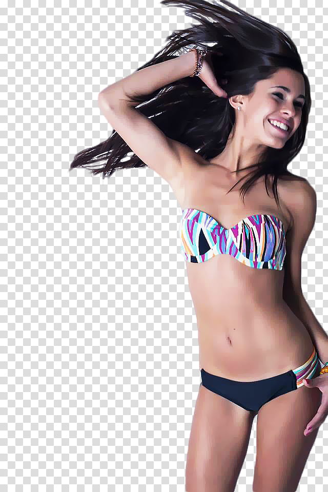 woman wears multicolored bandeau bikini top and bottoms transparent background PNG clipart