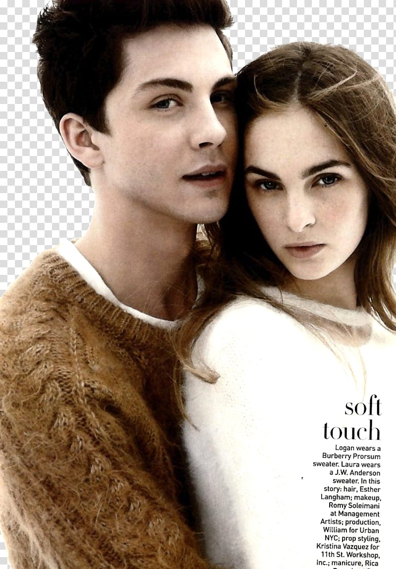 Logan Lerman, man wearing brown cable knit sweater and woman wearing white top transparent background PNG clipart