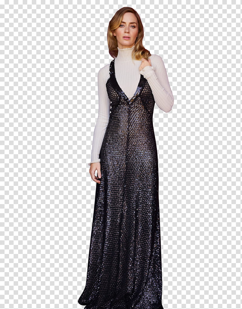Emily Blunt, women's black deep V-neck sleeveless dress transparent background PNG clipart