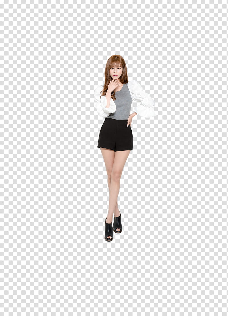 Ulzzang, woman wearing white and gray long-sleeved shirt with left hand akimbo transparent background PNG clipart