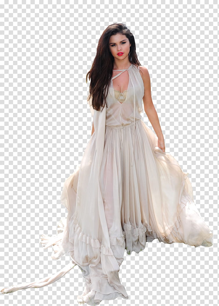 Selena Gomez, woman in white sleeveless maxi dress transparent background PNG clipart