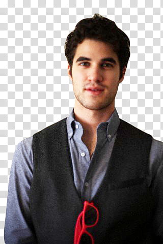 Darren Criss, man in black vest and grey collared shirt transparent background PNG clipart