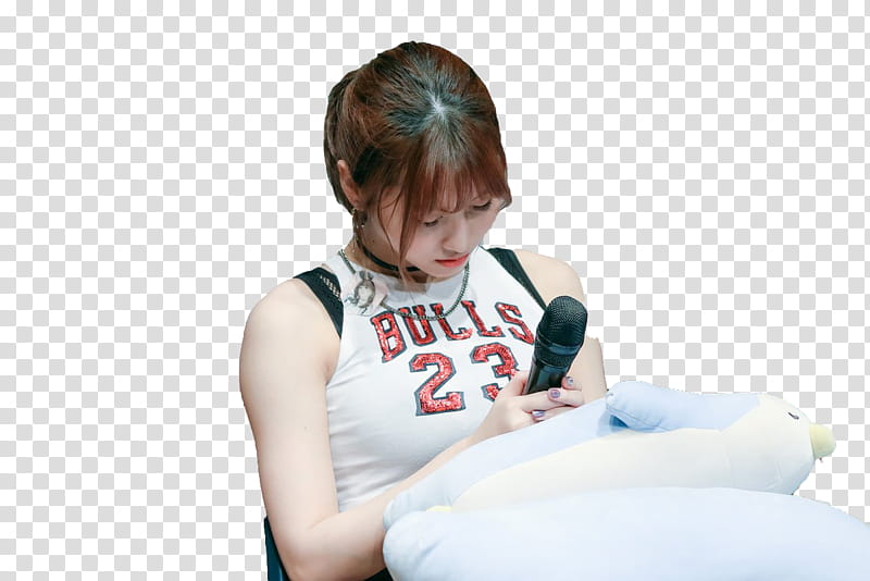 RENDER TWICE MOMO  s, woman holding black microphone wearing white tank top transparent background PNG clipart