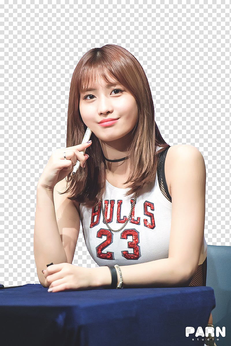 RENDER TWICE MOMO  s, smiling woman in white Chicago Bulls tank top sitting while holding pen transparent background PNG clipart