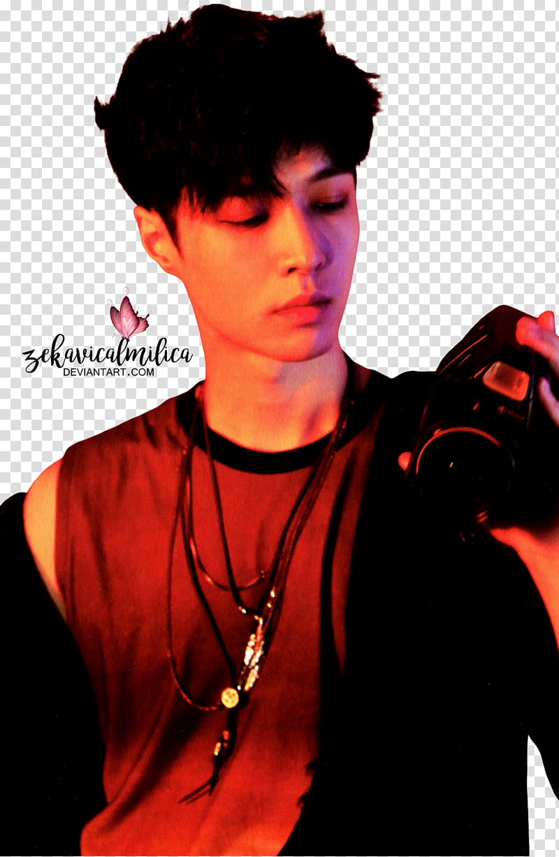 EXO Lay LOTTO, man wearing red crew-neck tank top holding black camera transparent background PNG clipart