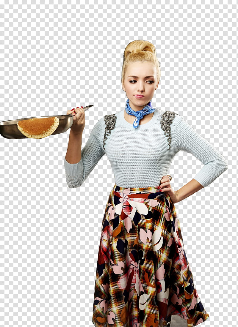 Peyton List, woman in white crew-neck long-sleeved shirt holding fry pan transparent background PNG clipart