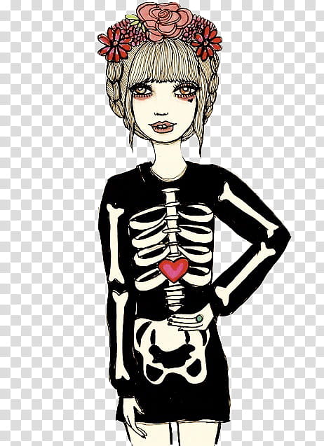 cartoon girl with floral headpiece and wears black human skeleton dress transparent background PNG clipart
