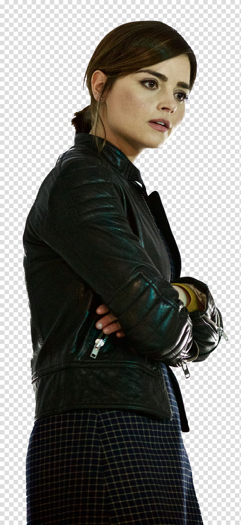 Doctor Who Season , woman wearing black leather jacket cross her two hand transparent background PNG clipart