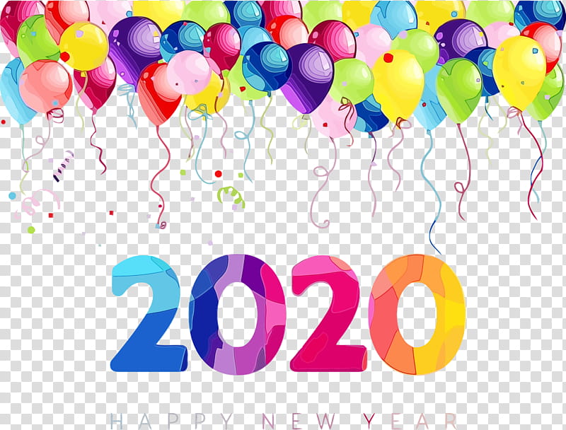 balloon party supply text birthday party, Happy New Year 2020, New Years 2020, Watercolor, Paint, Wet Ink, Birthday
, Confetti transparent background PNG clipart