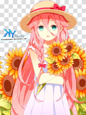 anime girl wearing straw hat holding a sunflower