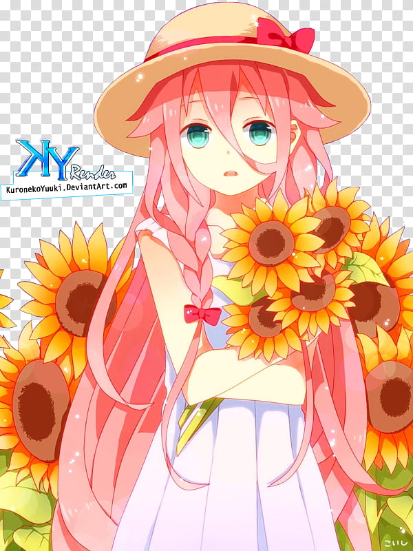 [Render] IA Vocaloid, girl in pink hair holding sunflowers transparent background PNG clipart