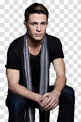 Colton Haynes, woman sitting while wearing black shirt and black pants transparent background PNG clipart