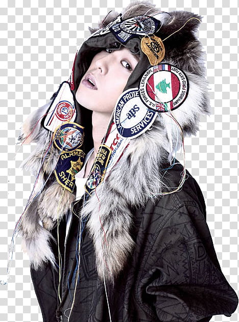 All my GD s, man wearing faux fur cap with patches transparent background PNG clipart