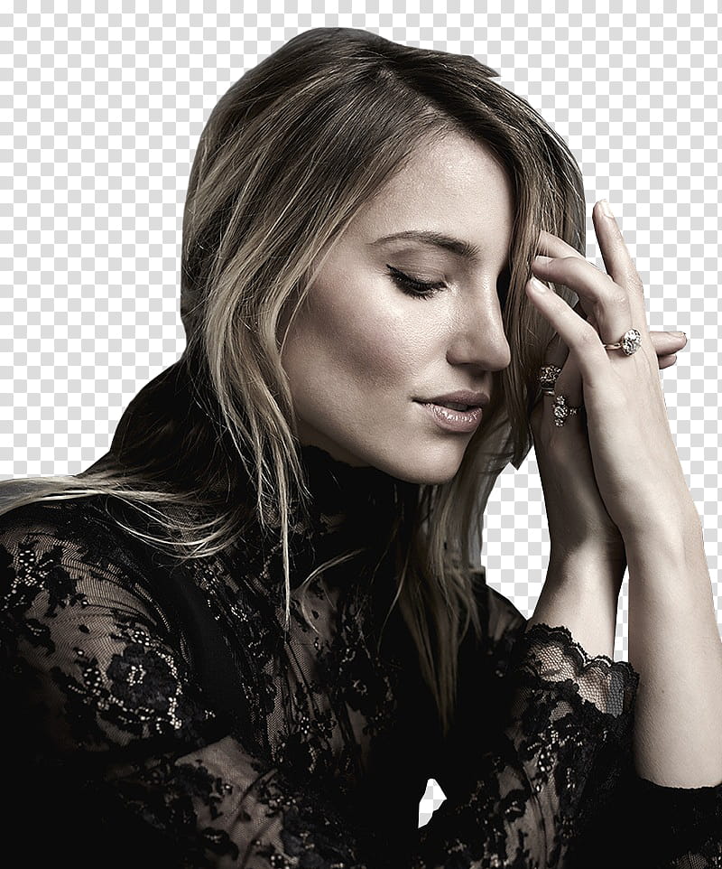 Dianna Agron La Ligne shoot, woman looking down with both hands near face transparent background PNG clipart