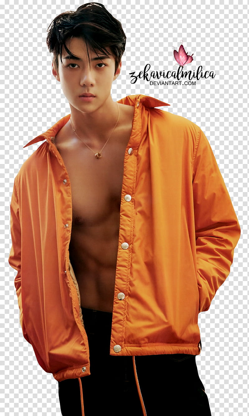EXO Sehun LEON, man in orange button-up jacket with text overlay transparent background PNG clipart