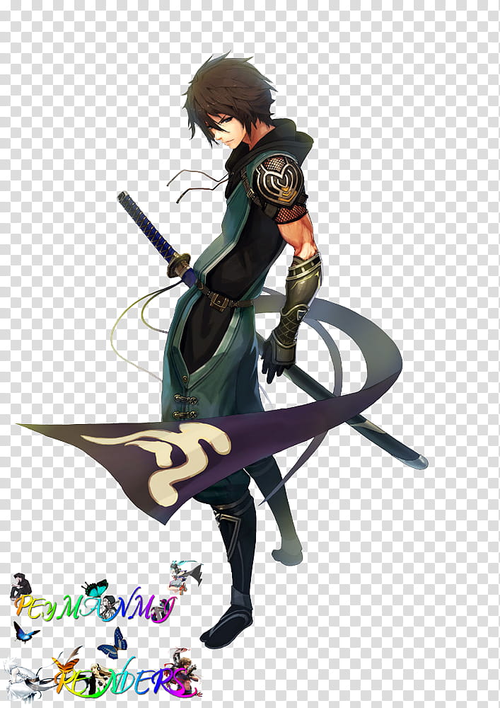 Akai Katana Shin, black-haired male anime character with longsword transparent background PNG clipart