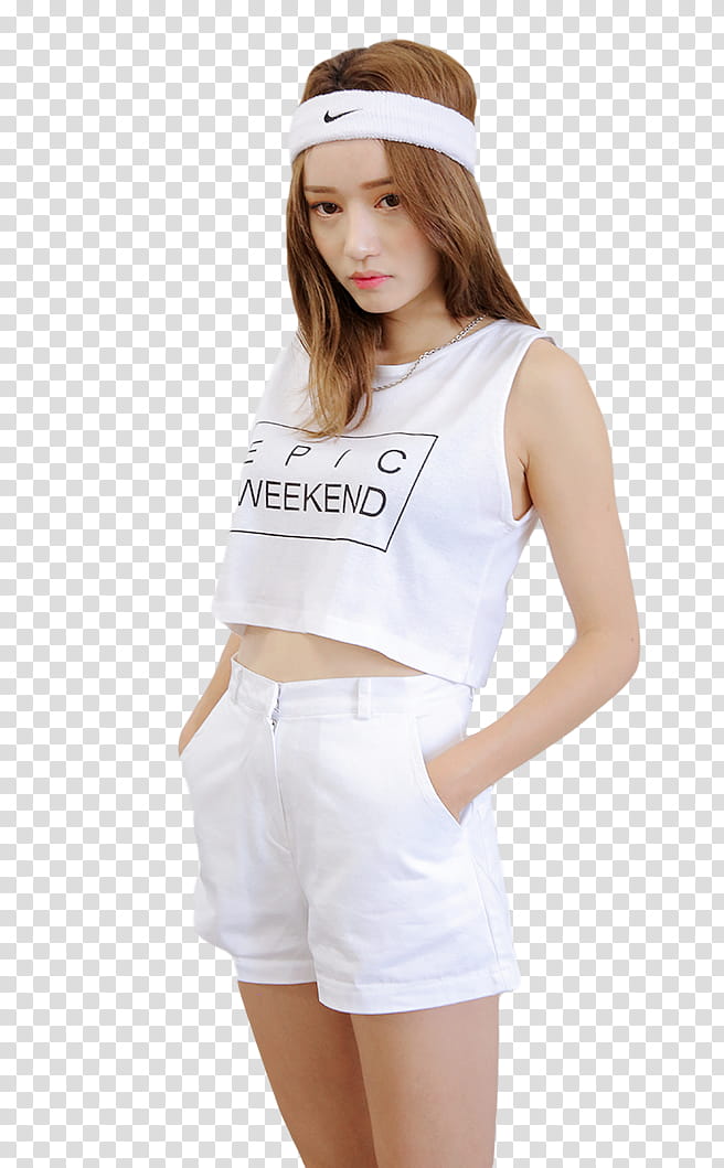 Ulzzang Sora, woman in white crop top and shorts standing transparent background PNG clipart