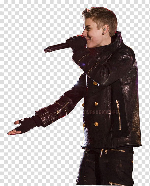 Justin Bieber, smiling Justin Bieber holding microphone transparent background PNG clipart