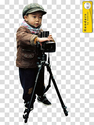 Renders  Asian Girls, boy touching black video camera with stand transparent background PNG clipart