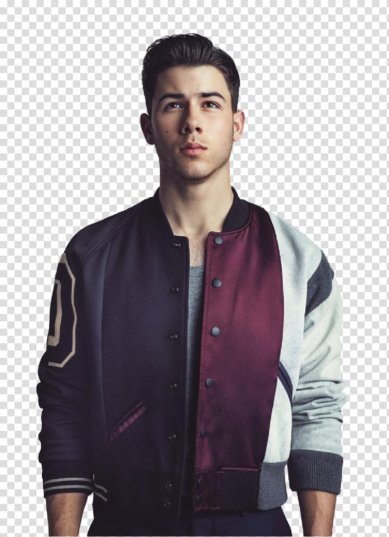 Nick Jonas , man in maroon Letterman jacket standing still transparent background PNG clipart