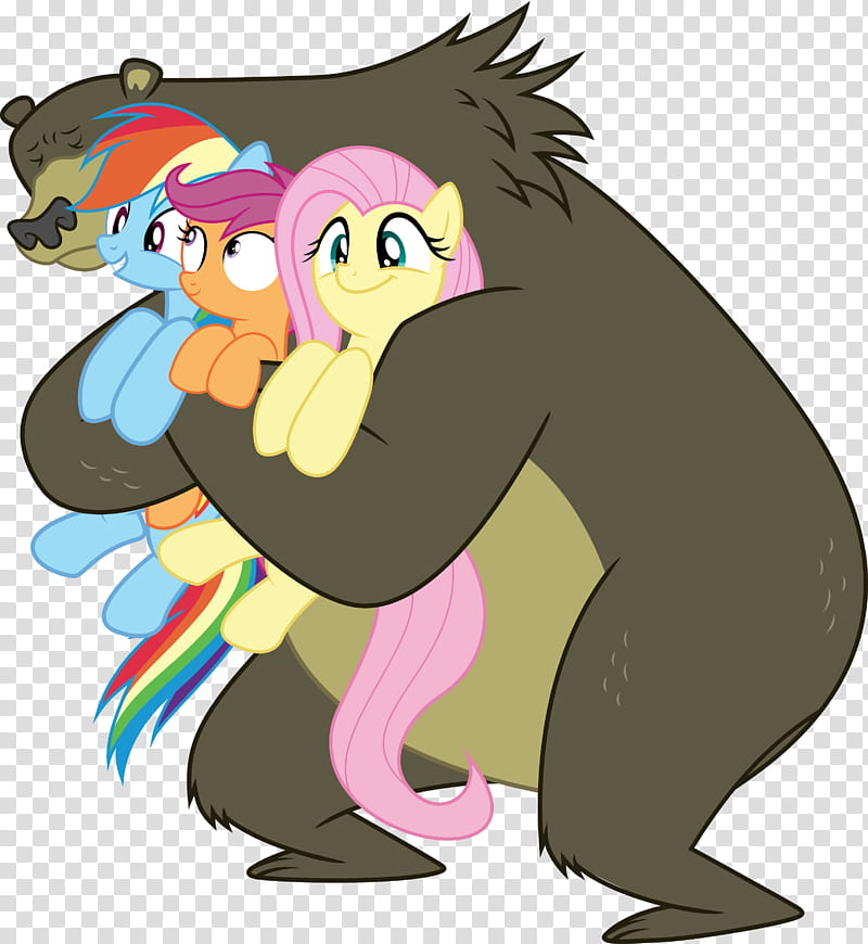 Group Hug w Harry the Bear Vol , bear hugging three My Little Pony characters illustration transparent background PNG clipart