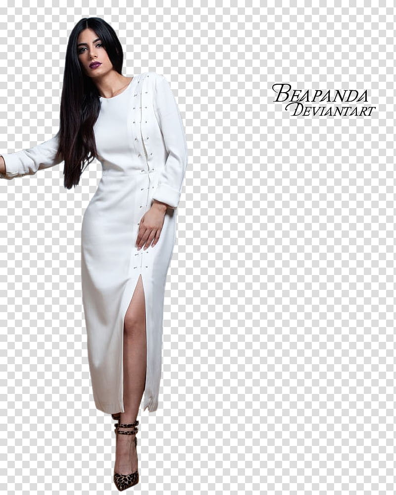 Emeraude Toubia, women's white long-sleeved slit dress transparent background PNG clipart