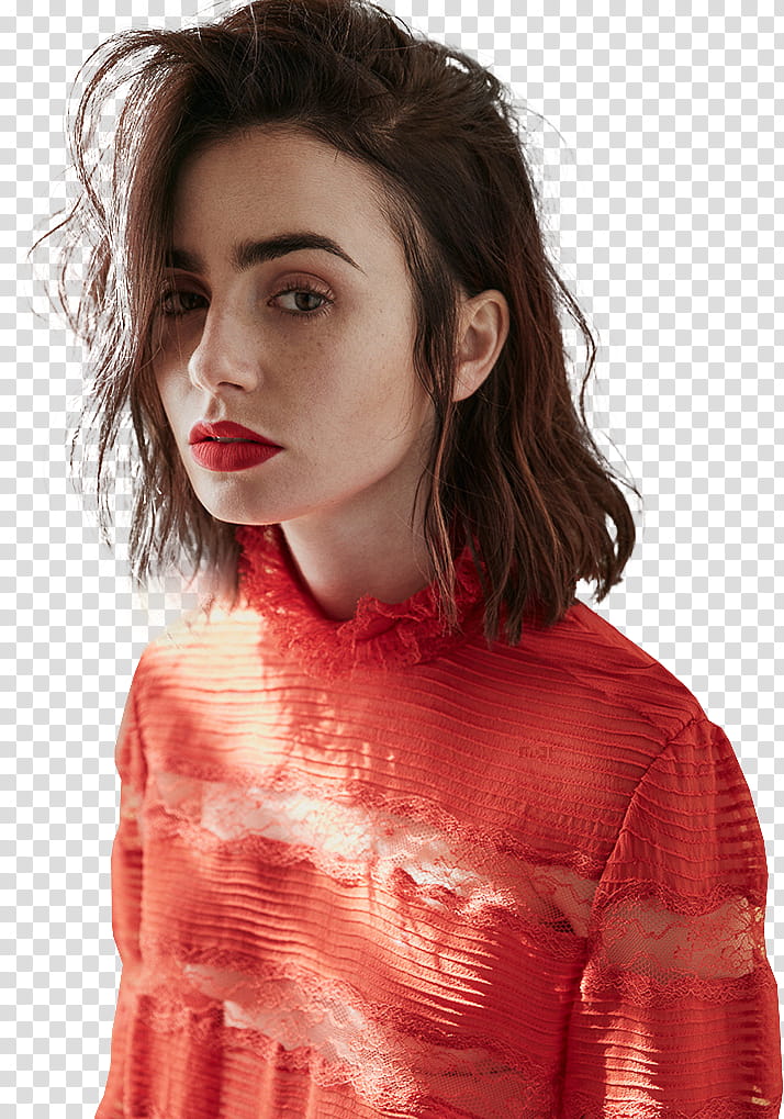 Lily Collins, Lily Collins in red shirt transparent background PNG clipart
