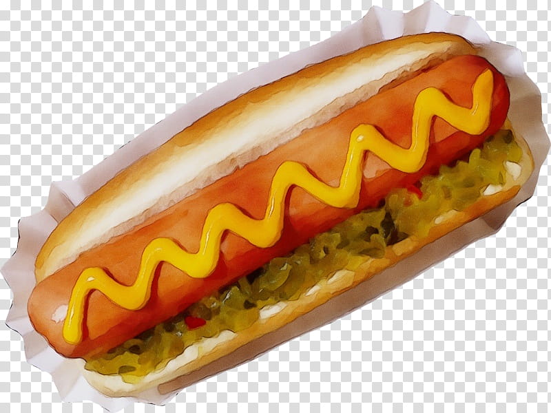 fast food junk food food hot dog bun hot dog, Watercolor, Paint, Wet Ink, Cuisine, Dish, Chicagostyle Hot Dog, Sausage Bun transparent background PNG clipart