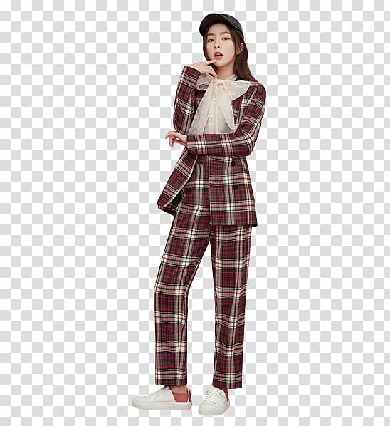Red Velvet Irene NUOVO P, standing woman in red,green, and white plaid blazer and dress pants transparent background PNG clipart