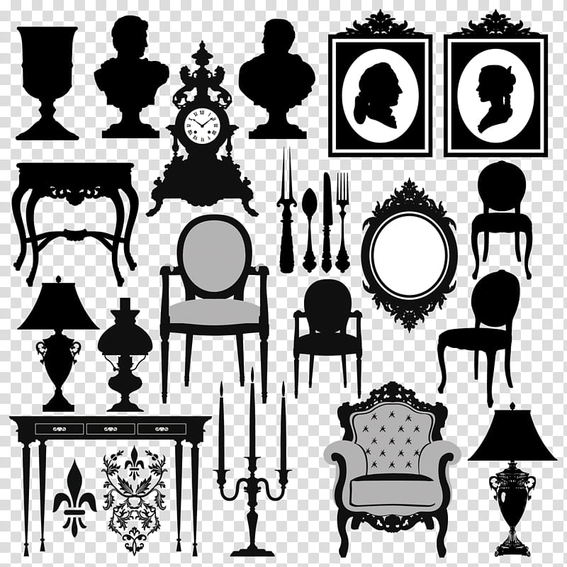 Painting, Silhouette, Drawing, Papercutting, Antique Furniture, Blackandwhite, Room, Table transparent background PNG clipart