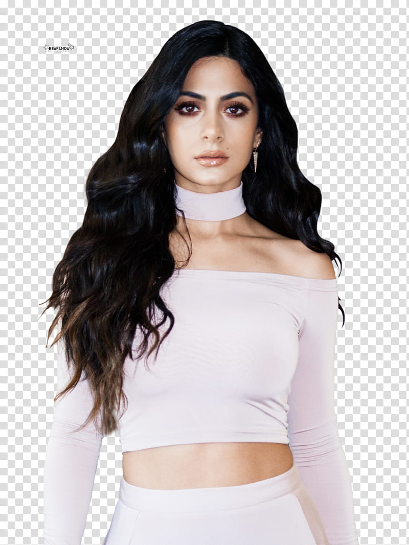 Emeraude Toubia, woman wearing white off-shoulder long-sleeved crop top transparent background PNG clipart